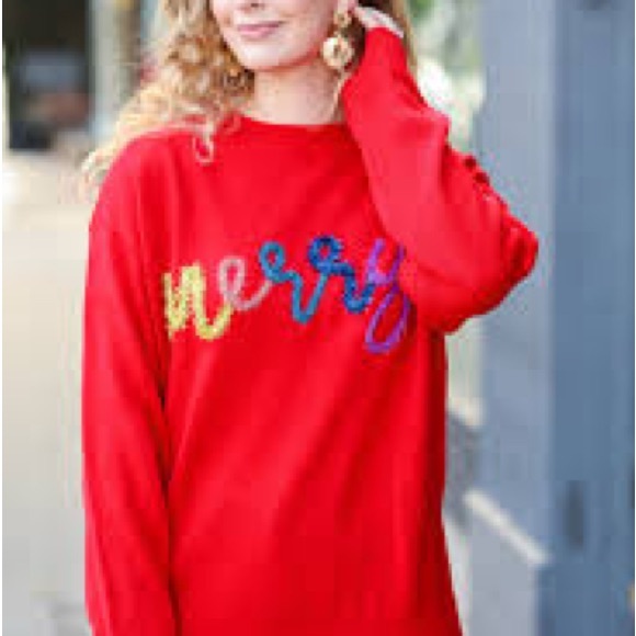 Festive Red 'Merry' Crew Neck Sweater - Picture 4 of 6